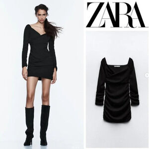 Zara Ruched V Neck Long Sleeve Mini Dress Black Size Medium